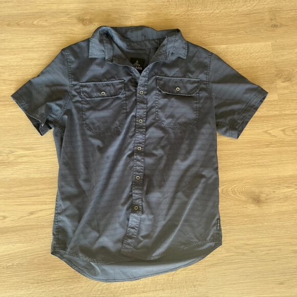 PrAna Cayman Nautical Blue Causal Button Front Short Sleeve Shirt Mens medium - Picture 1 of 9